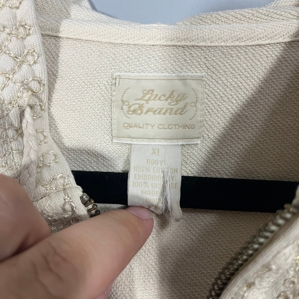 Lucky Brand Womens XL Vintage Y2K Cream Embroidered Full Zip Hoodie Boho Cotton - Picture 3 of 8